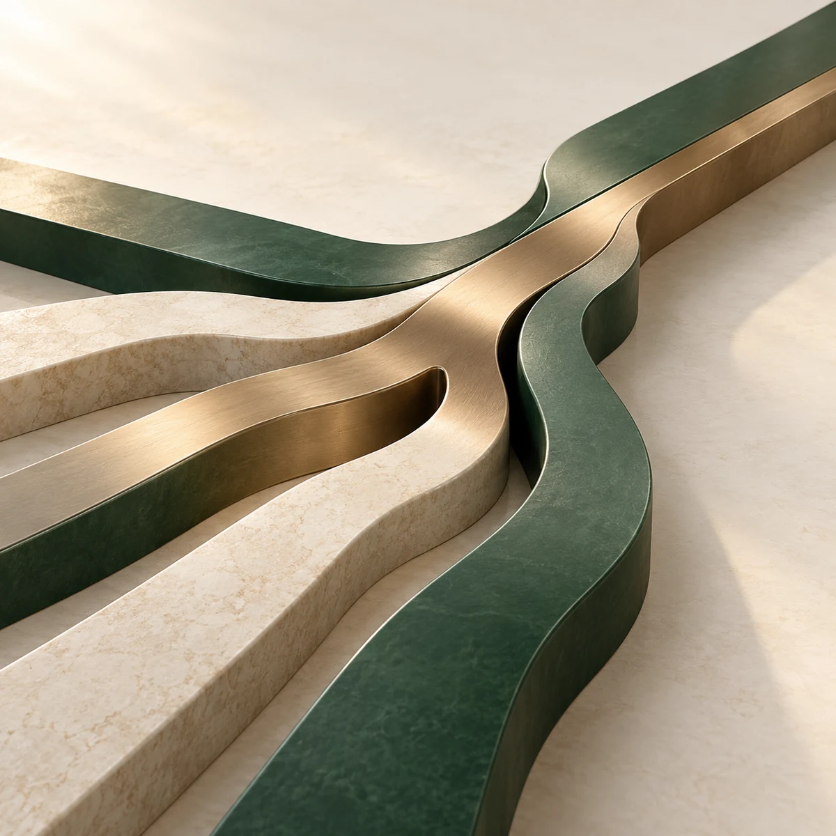 Abstract green, stone and bronze paths converging to represent product sourcing