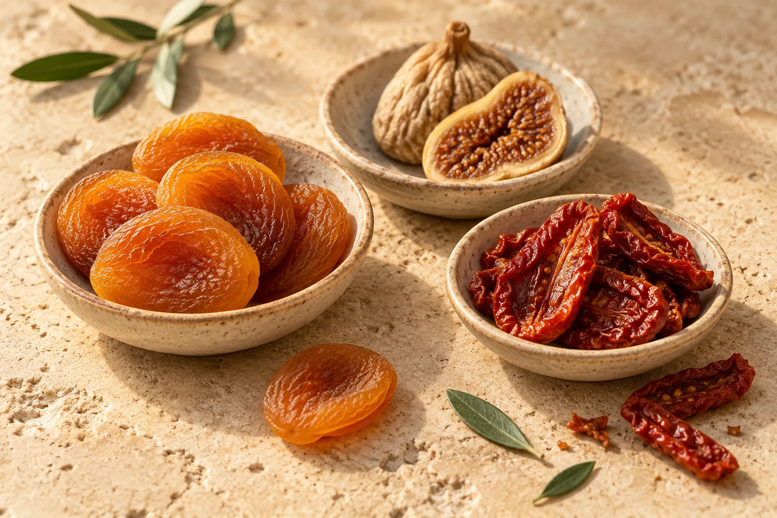 Dried apricots, figs and tomatoes, AI-generated illustrative product study